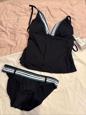 JAG distributed Perry Ellis Black Tankini Set with White and Blue Stripe Accents